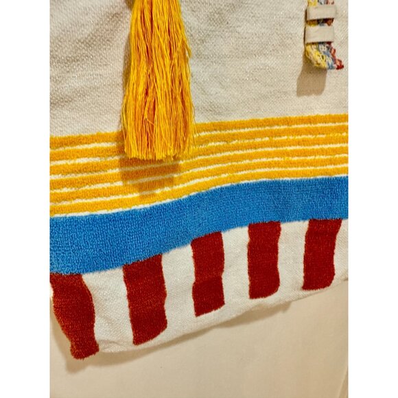 Canvas Tote Bag With Red Stripes Yellow & Blue Accents Multicolor Handles - Picture 3 of 8